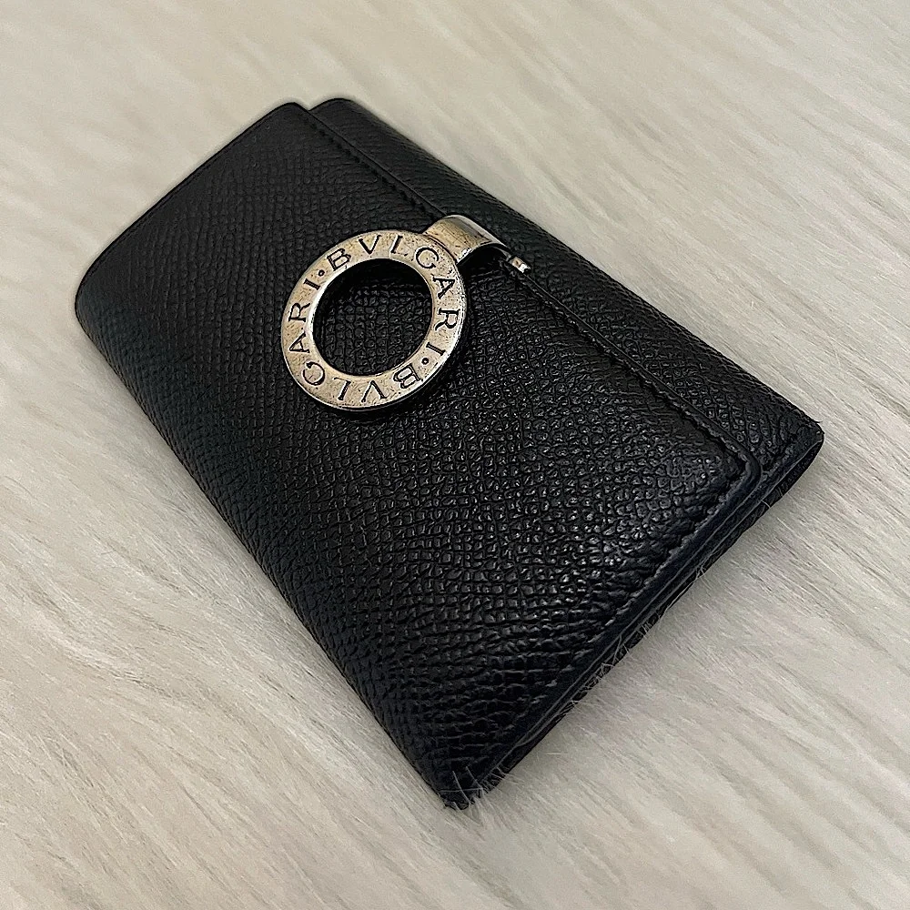 BVLGARI - BLACK SILVER TEXTURED LEATHER COMPACT KEY HOLDER CASE WALLET